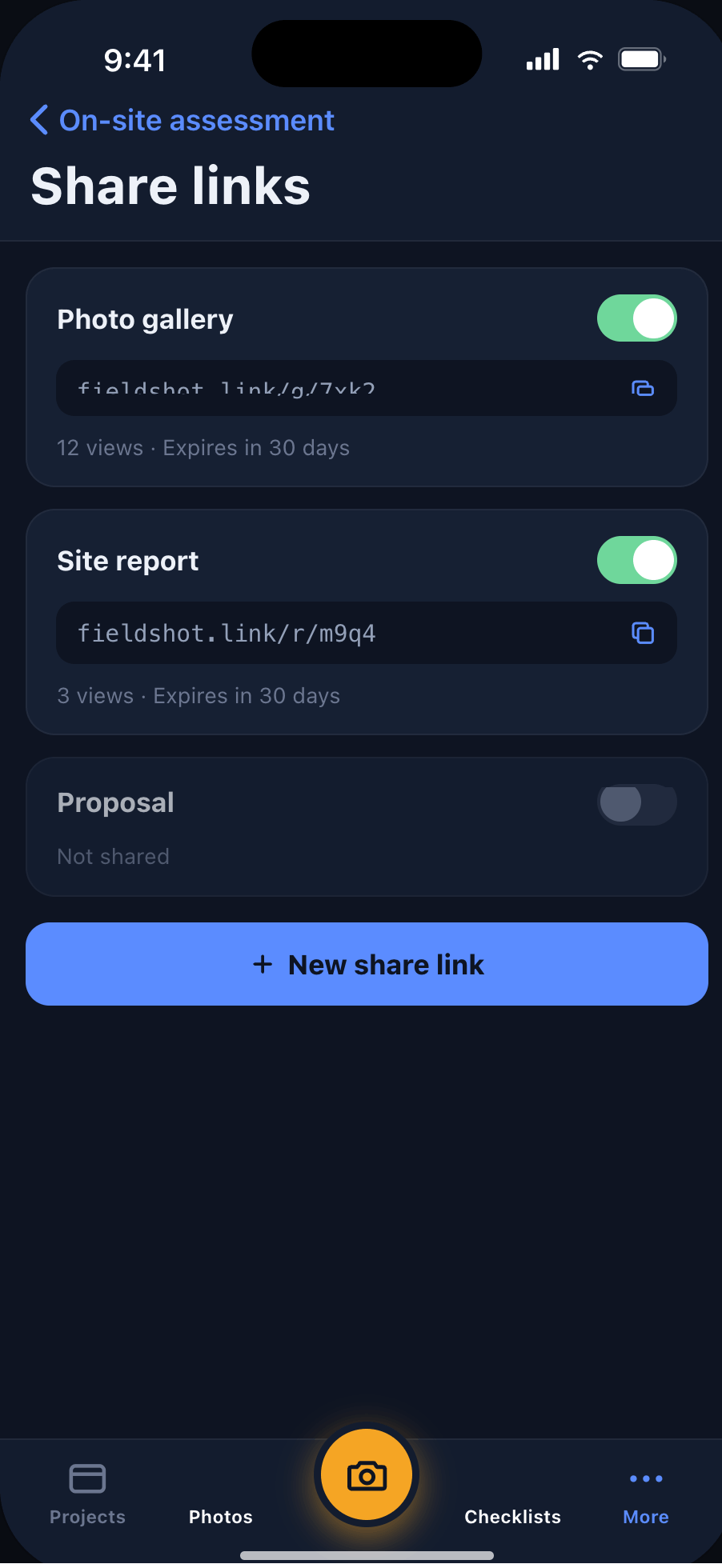 Fieldshot share links